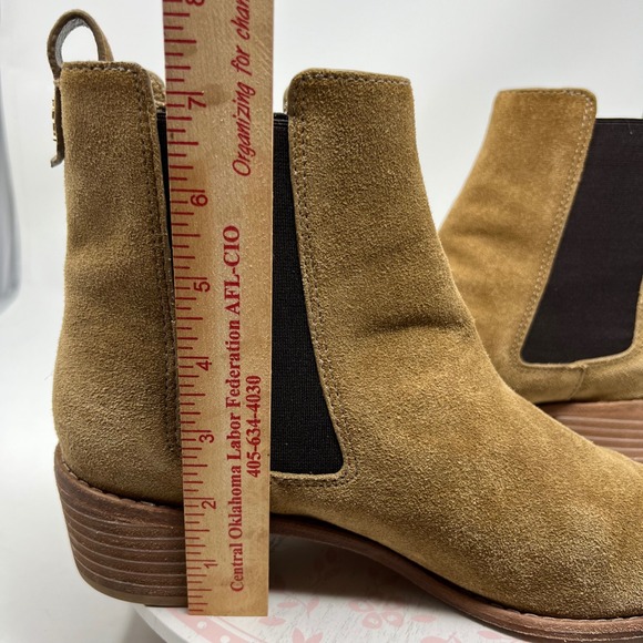 Tory Burch Chelsea Boots Women 10.5 Tan Suede Leather Square Toe Block Heel Pull - Picture 8 of 11